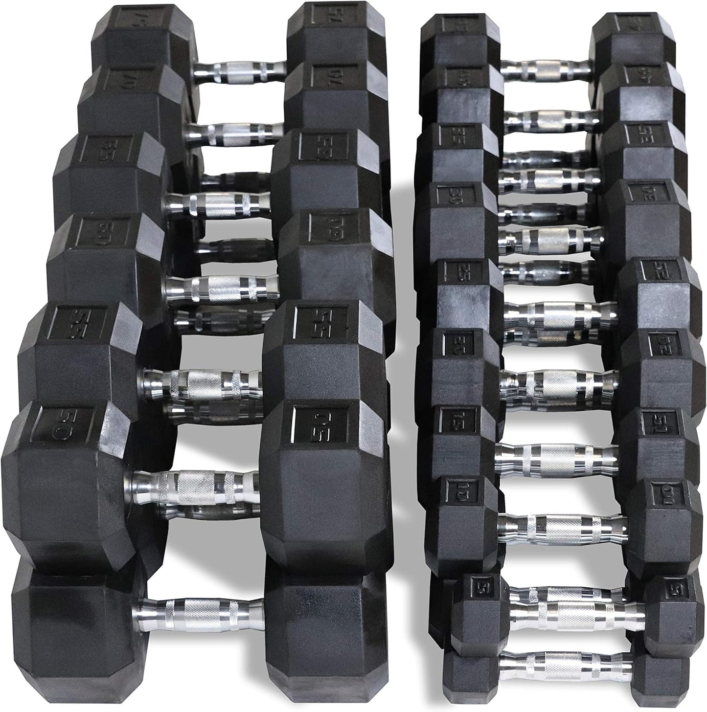 WF Athletic Supply Rubber Coated Hex Dumbbell Set, Multiple Choices Available - Dumbbells with Rack Stand and Mat, or Dumbbells Only (200/550/1200/2100/3000 LB)
