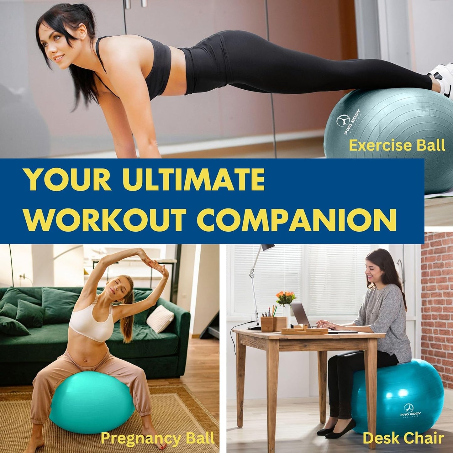 ProBody Pilates Yoga Ball - Fresh Colors Exercise Ball for Stability, Pregnancy, Workout & Physical Therapy