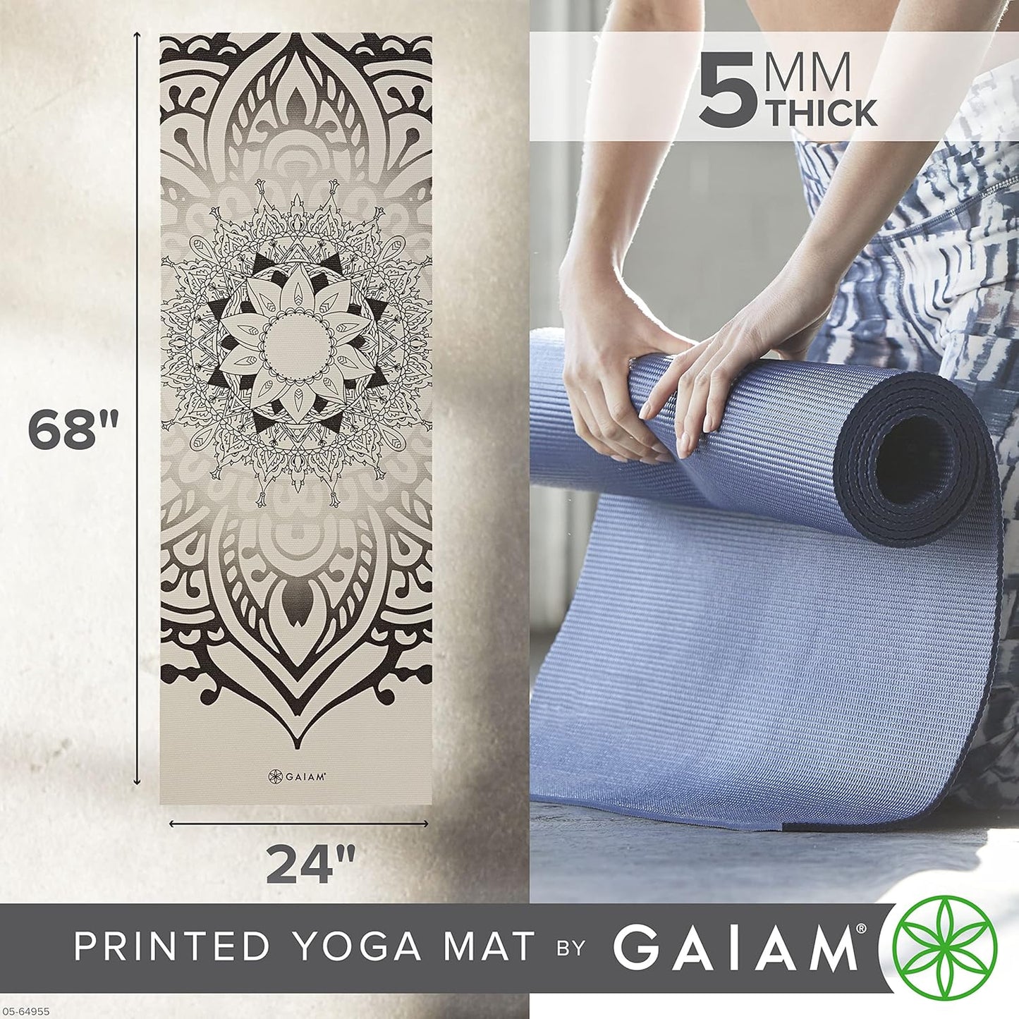 Gaiam Yoga Mat - Premium 5mm Print Thick Non Slip Exercise & Fitness Mat for All Types of Yoga, Pilates & Floor Workouts (68" x 24" x 5mm)