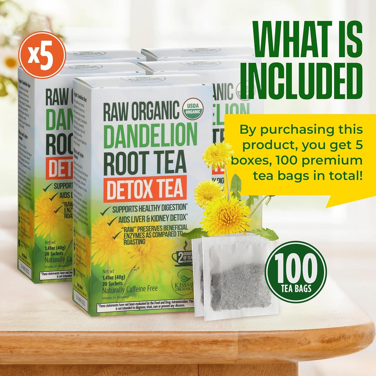 Dandelion Root Tea - Raw Organic Herbal Tea, Caffeine Free, 100 bags