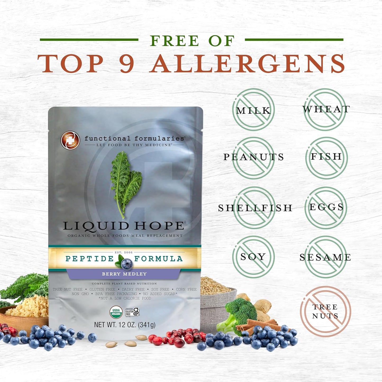 Functional Formularies Liquid Hope Peptide Berry Medley, Organic Tube Feeding Formula And Nutritional Meal Replacement Supplement, 12 Fl. Oz. Pouch, Pack of 24, Total: 288.0 Fl Oz