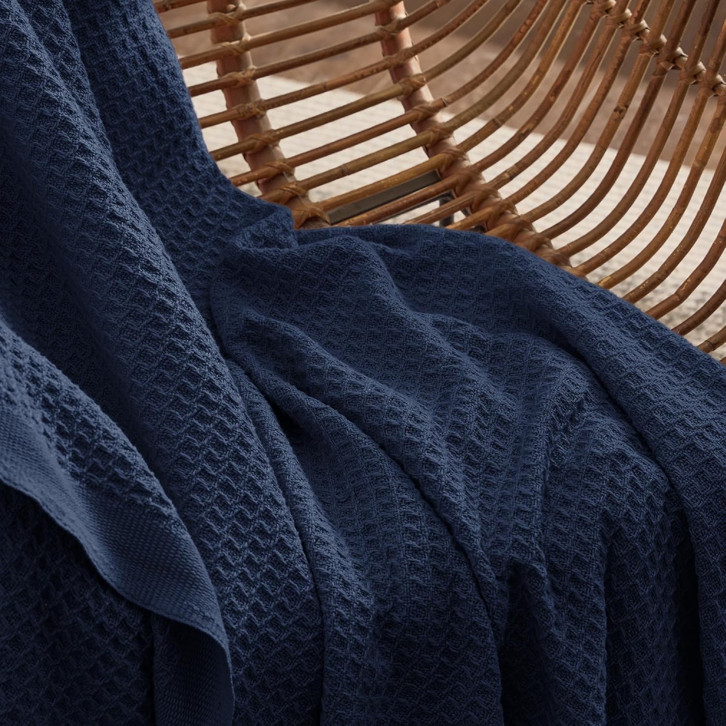 Bedsure 100% Cotton Blanket Queen Size for Bed - Breathable and Soft, Waffle Weave Blanket for Summer, Thick Cozy Fall Blankets for Women Gift, Pageant Blue, 90x90 Inches