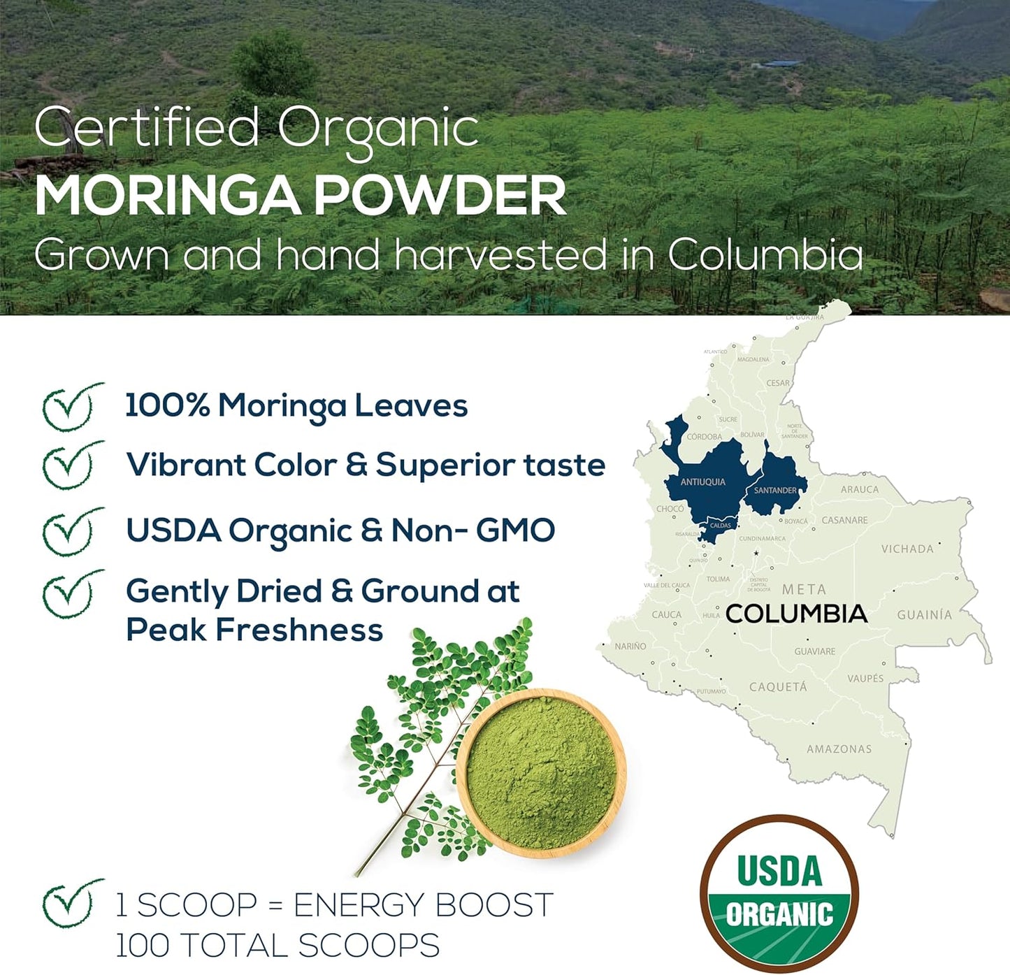 Organic Moringa Powder, Single Estate, Freshly Ground Colombian Moringa, USDA Organic, Non-GMO, Gluten Free in a Resealable Pouch for Smoothies, Lattes, Cooking, 7 oz (200 g), 100 Servings