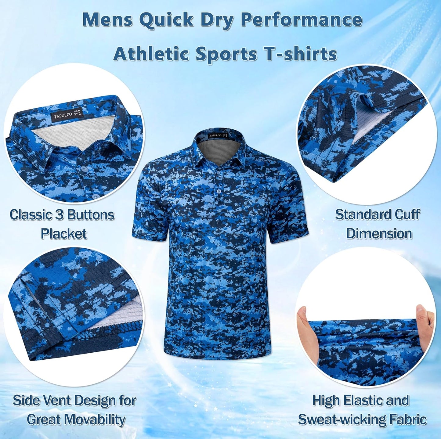 TAPULCO Mens Quick Dry Polo Shirts Camouflage Pattern Performance Athletic Lightweight Breathable Casual Golf Tshirts