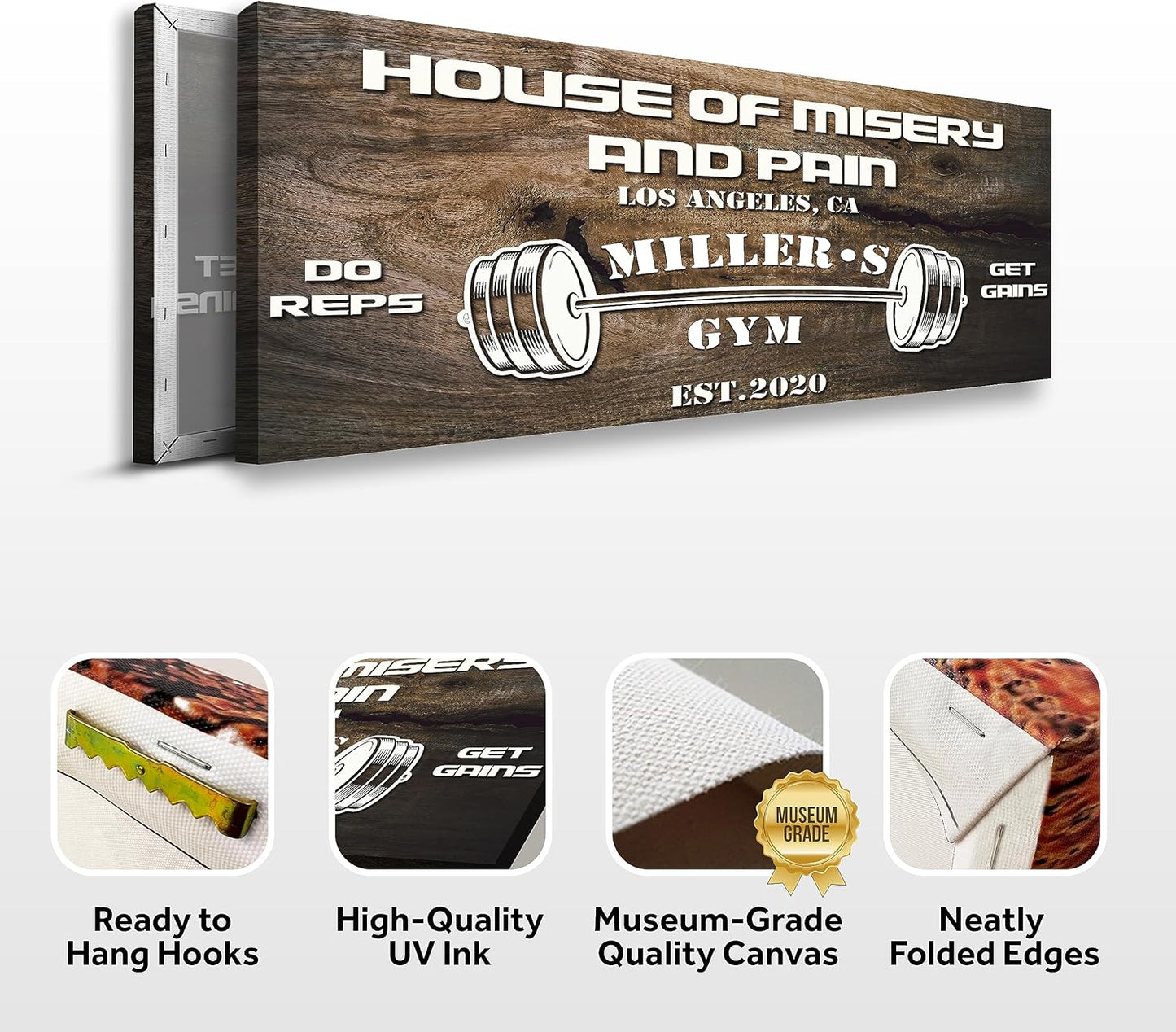 Tailored Canvases Personalized Gym Sign Wall Art Decor - Motivational Canvas for Home Gym, Workout Room, Garage, Fitness Center - Workout Inspirational Posters - House of Misery and Pain, Wooden 36x12in