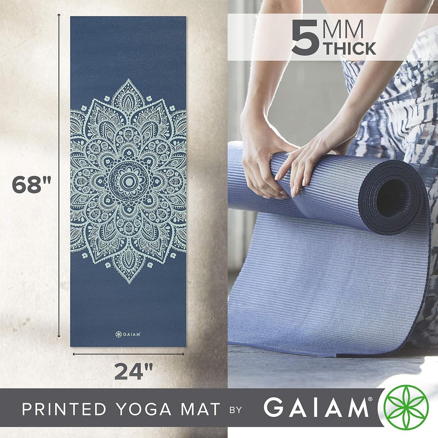 Gaiam Yoga Mat - Premium 5mm Print Thick Non Slip Exercise & Fitness Mat for All Types of Yoga, Pilates & Floor Workouts (68" x 24" x 5mm)