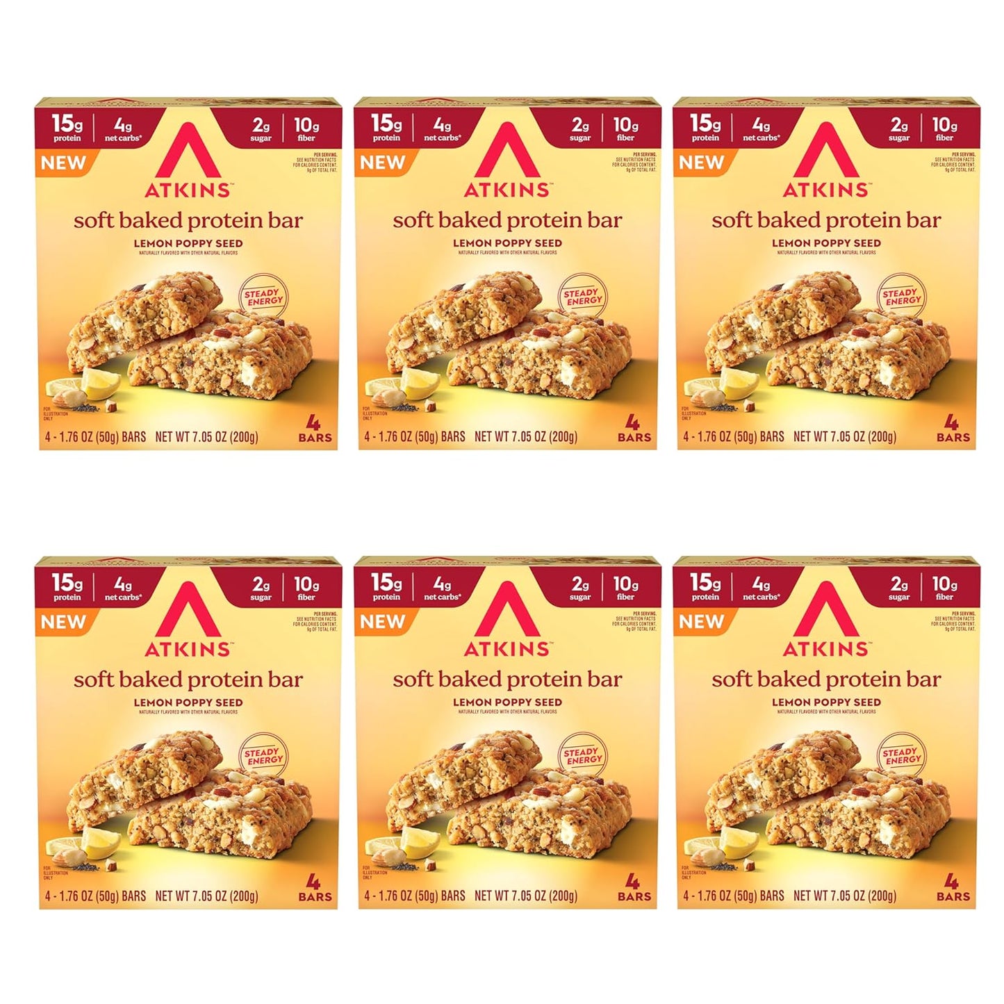 Atkins Soft Baked Protein Bars, Lemon Poppyseed, 15g Protein, 2g Sugar, Excellent Source of Fiber, Low Carb, 6 Packs (4 Bars Each)