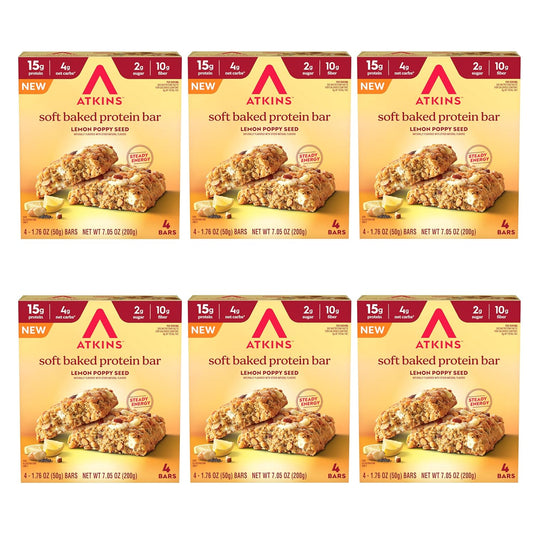 Atkins Soft Baked Protein Bars, Lemon Poppyseed, 15g Protein, 2g Sugar, Excellent Source of Fiber, Low Carb, 6 Packs (4 Bars Each)