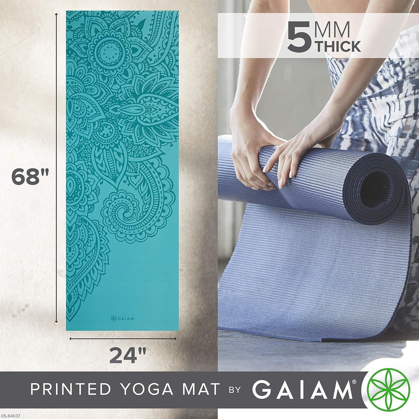 Gaiam Yoga Mat - Premium 5mm Print Thick Non Slip Exercise & Fitness Mat for All Types of Yoga, Pilates & Floor Workouts (68" x 24" x 5mm)