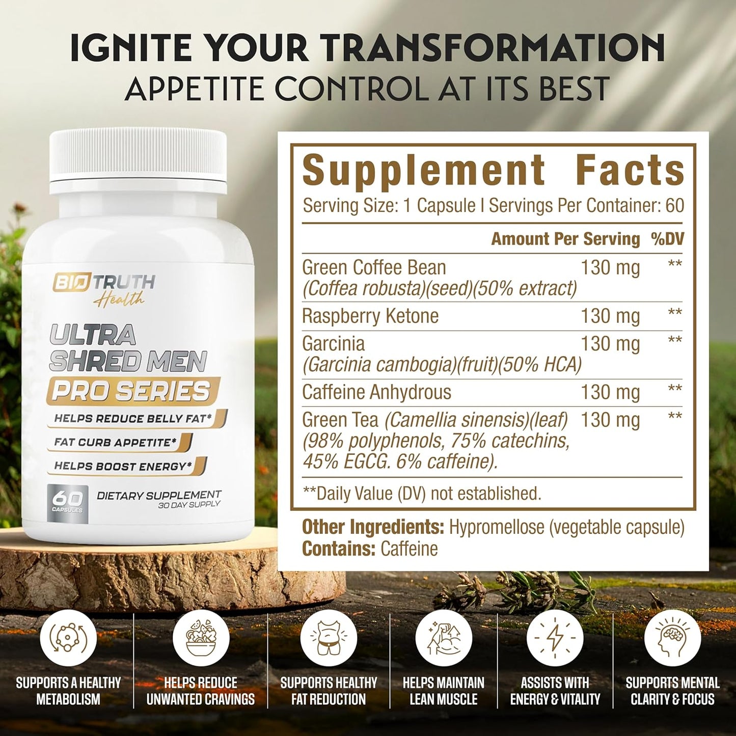 Ultra Shred Men | PRO Series | Fat Burner for Men to Sustain Muscle & Lose Weight - Boost Metabolism, Appetite Suppressant | 5 Research Backed Ingredients | 3rd Party Tested Supplement - 60 Capsules