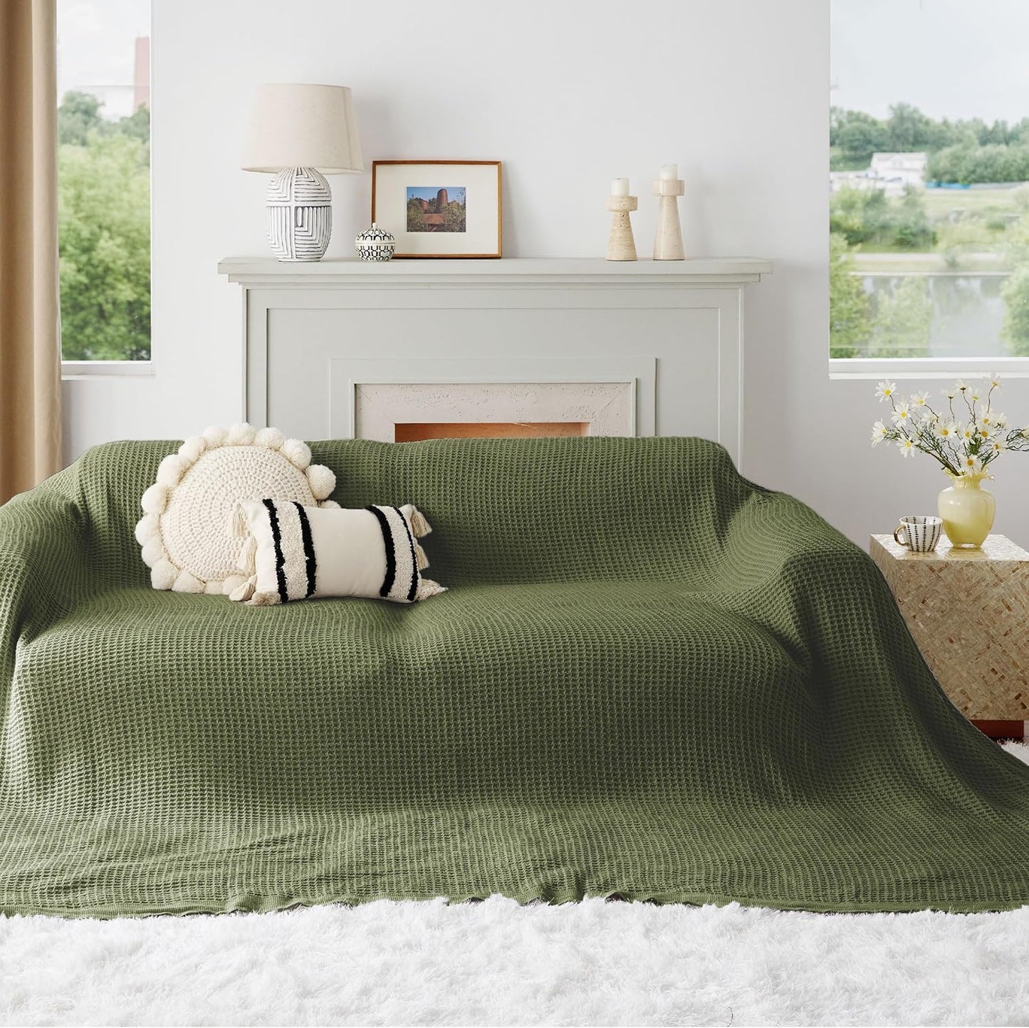 Bedsure 100% Cotton Large Blanket Oversized King for Bed - Breathable Thick Waffle Weave Blanket for Summer, Couch Cover, Olive Green, 120x94 inches