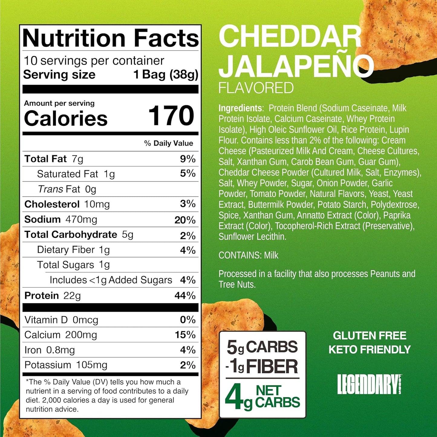 Legendary Foods Cheddar Jalapeño Protein Chips – Popped Tortilla Style – 22g High Protein, 4g Net Carbs, Low Sugar, Gluten Free, Keto Snack Packs – 10 Count – Healthy Crunchy Chips