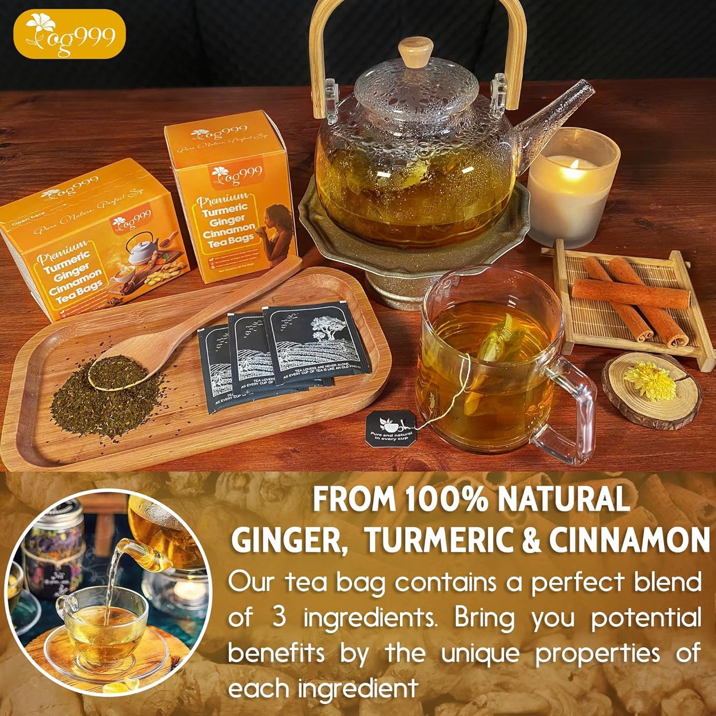 TOG999, Premium 20 Tea Bags Turmeric, Ginger, Cinnamon, 100% Natural, Hand-made Blend of Turmeric, Ginger, and Cinnamon Herbal Tea. Eco-conscious Tea Bags. No Sugar, No Caffeine, No Gluten, Vegan.