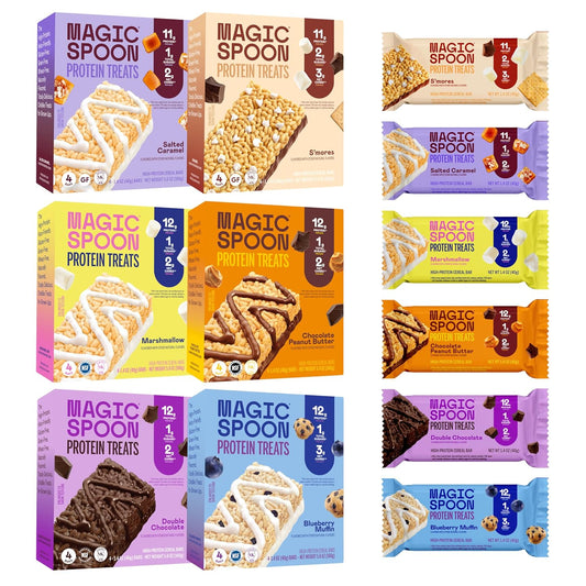 MAGIC SPOON Treats - High Protein Bars, Low Carb, Keto Friendly, 1g of Sugar, Gluten Free, Crispy Treat Cereal Bar, On-The-Go Healthy Snack (1 of each Marshmallow, Chocolate PB, Blueberry Muffin, Double Chocolate, Smores, Salted Caramel)