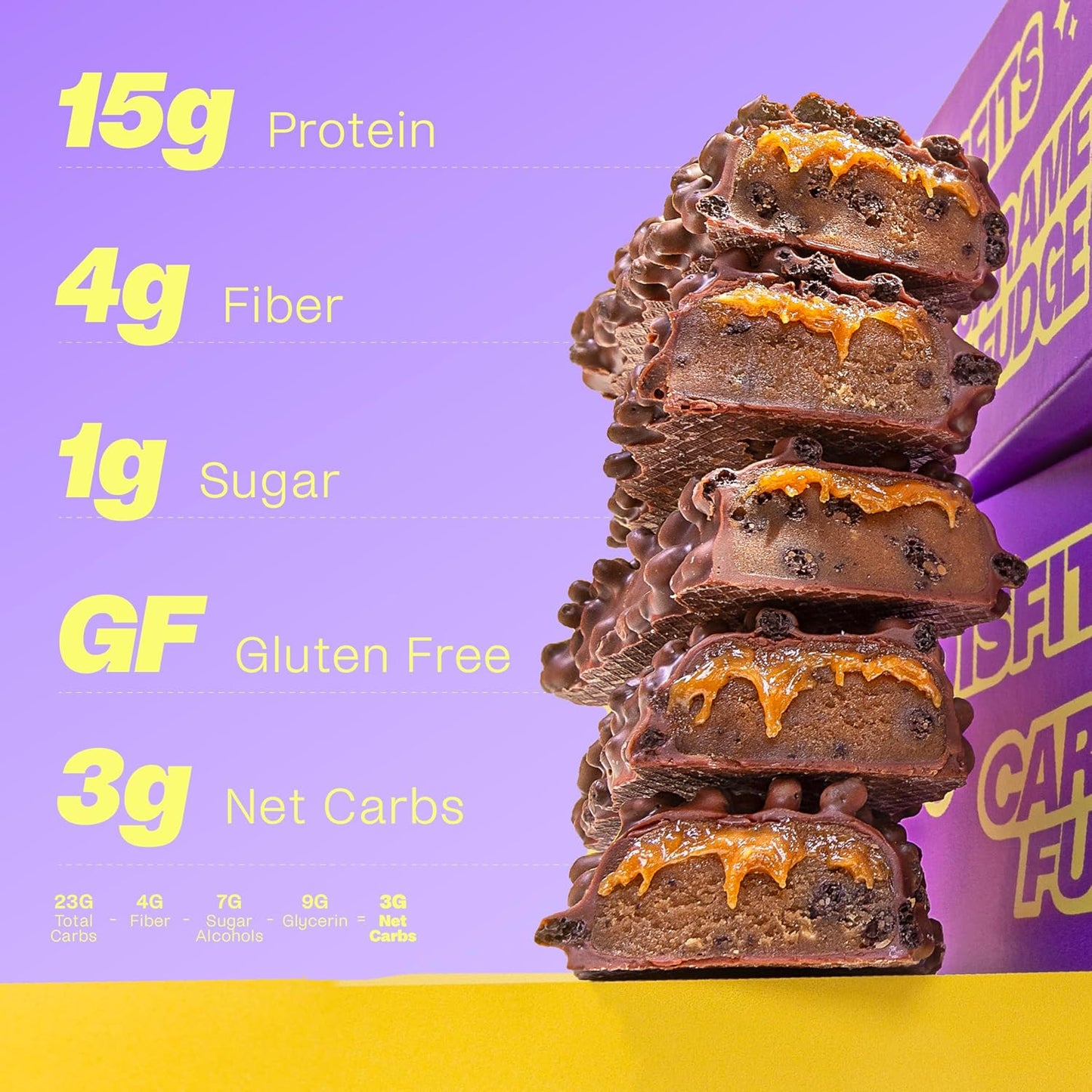 Misfits Vegan Protein Bars, Caramel Fudge - Updated Recipe | Plant Based, Low Sugar & Carb, High Fiber Snacks | Pack of 12