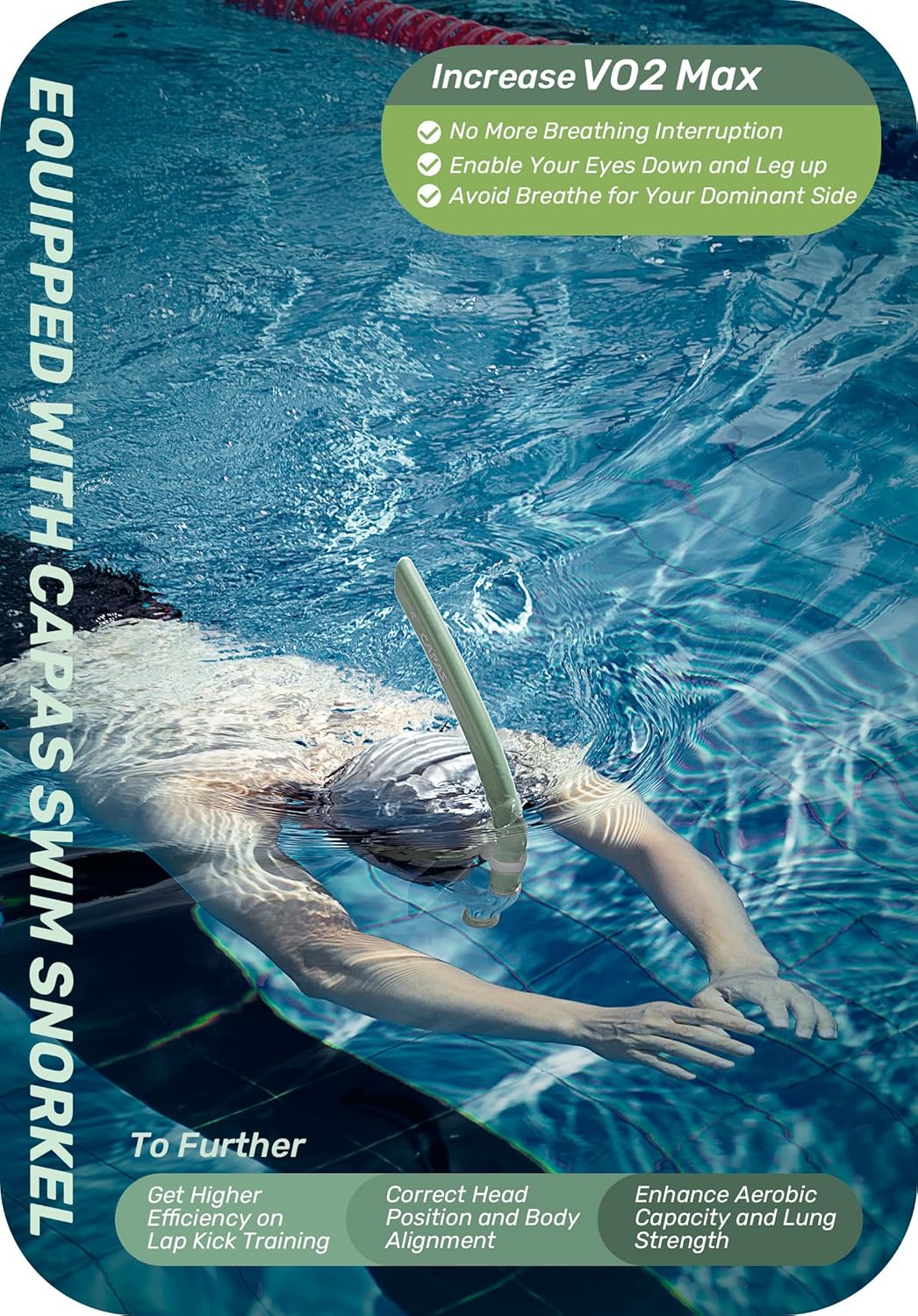 CAPAS Training Swim Snorkel for Lap Swimming, Swivel Headband Ultimate Fit Center-Mount Swimmers Snorkel with Liquid Silicone Mouthpiece Adjustable Strap, Designed for Adult Men Women