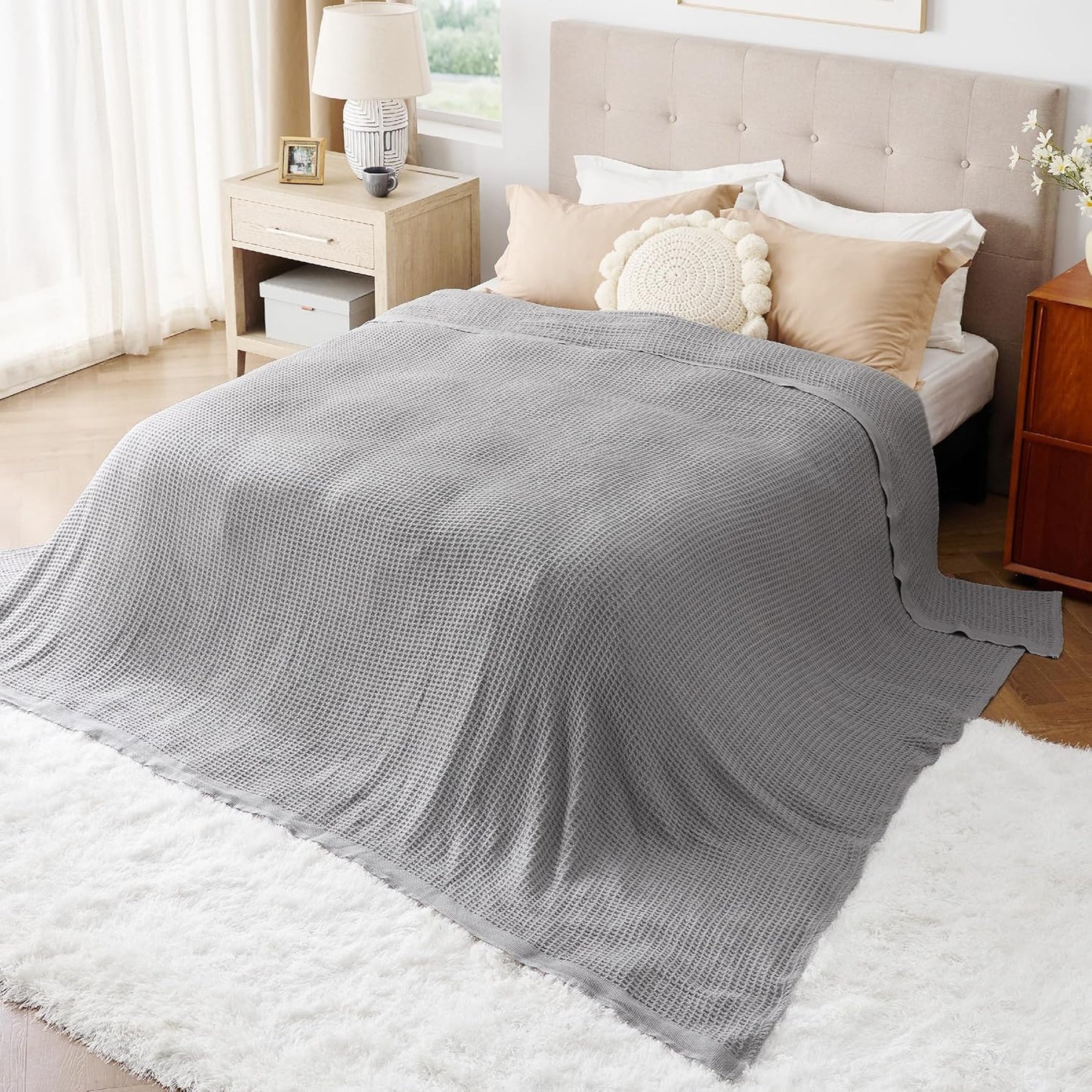 Bedsure 100% Cotton Large Blanket Oversized King for Bed - Breathable Thick Waffle Weave Blanket for Summer, Couch Cover, Grey, 120x94 inches