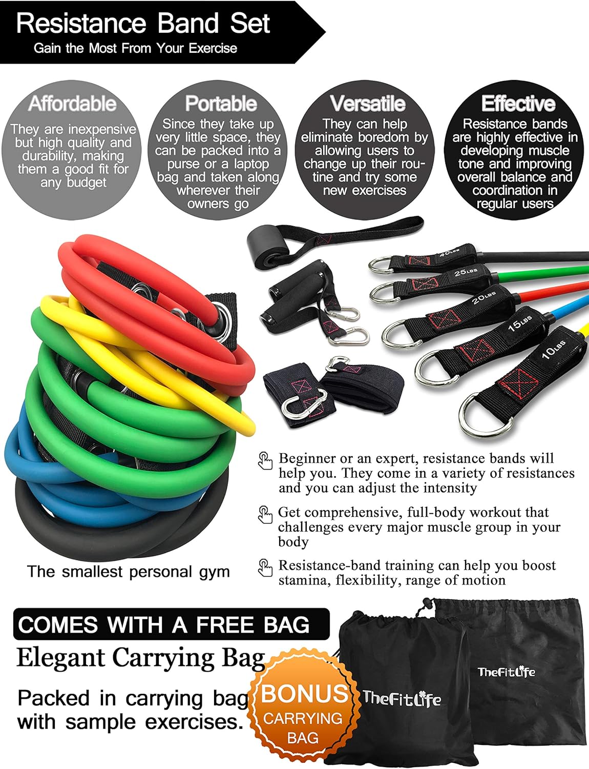 TheFitLife Resistance Bands with Handles - Designed for American Body Types, Exercise Workout Tubes for Men, Women, Includes Large Handles, Ankle Straps, Door Anchor, Fitness Levels