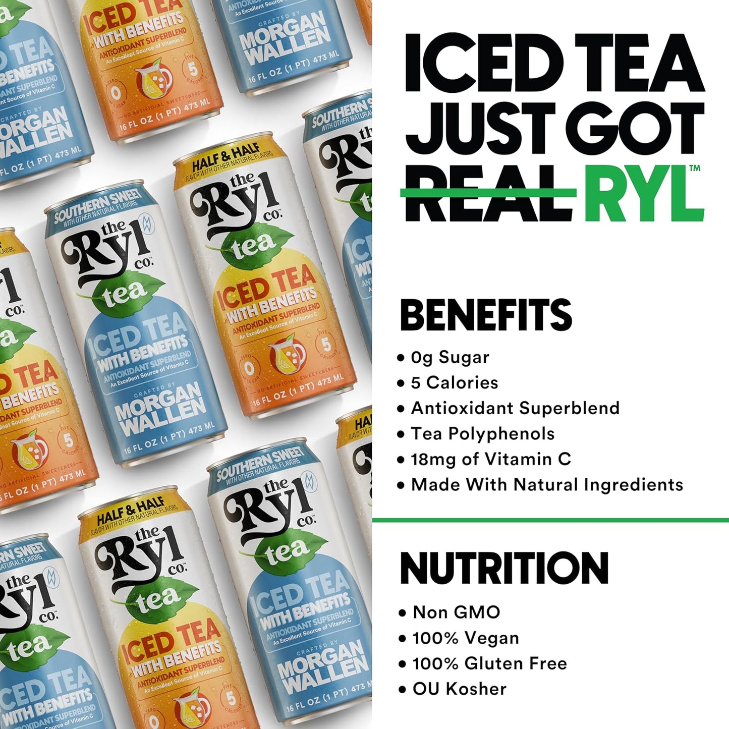 Ryl Iced Tea Front Porch Variety Pack, Sweet Tea and Half N' Half – Antioxidant Superblend, No Artificial Ingredients, Zero Sugar, Five Calories, Low Carb, Non-GMO, Made in the USA, 12-Pack, 16 Fl Oz