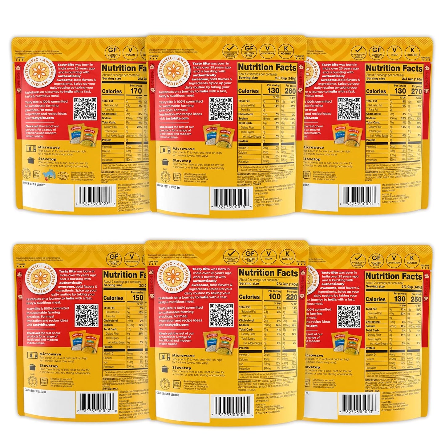 Tasty Bite Variety, Pack of 6, Bombay Potatoes, Kashmir Spinach, Punjab Eggplant, Channa Masala, Madras Lentils, Vegetable Korma