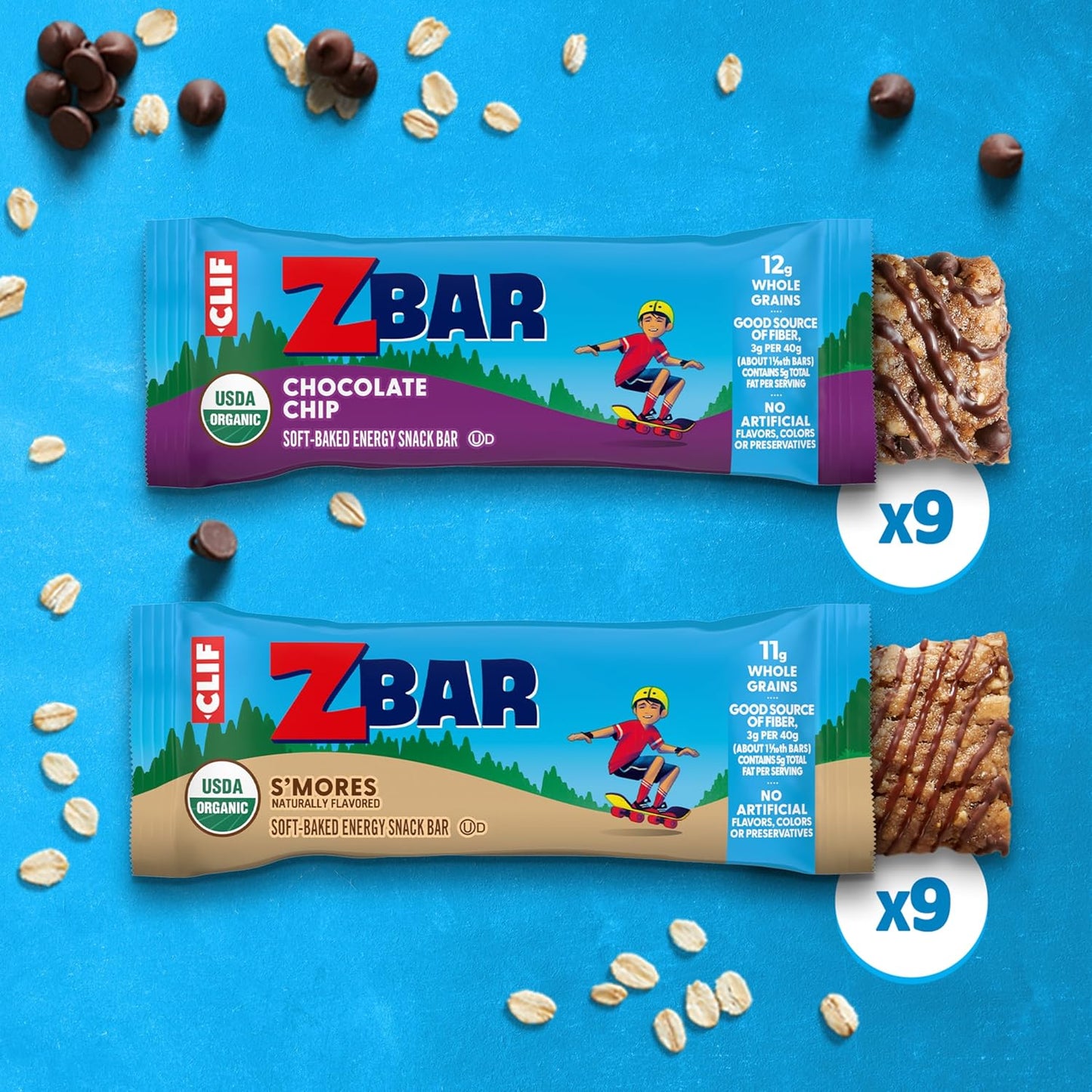 Zbar - Chocolate Chip and S'mores - Variety Pack - Soft Baked Snack Bars - Non-GMO - 11g Whole Grains - USDA Organic Granola Bars, School Snacks (18 Pack)