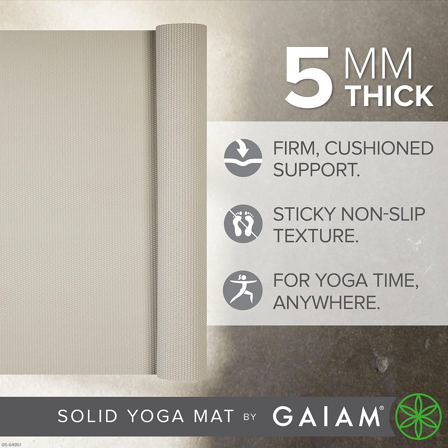 Gaiam Yoga Mat - Premium 5mm Solid Thick Non Slip Exercise & Fitness Mat for All Types of Yoga, Pilates & Floor Workouts (68" x 24" x 5mm)
