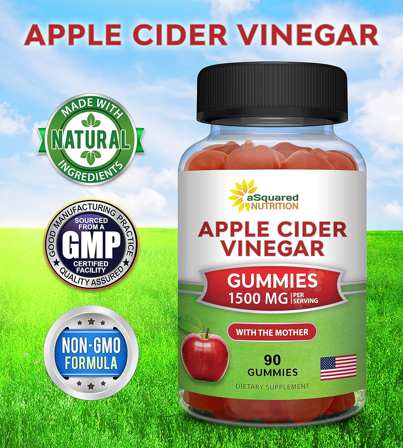aSquared Nutrition Apple Cider Vinegar Gummies - 1500mg with The Mother - 90 ACV Gummies w/Vitamin B6 & B12, Folic Acid - Vegan Gummy Supplement Alternative to Capsules Pills & Drink