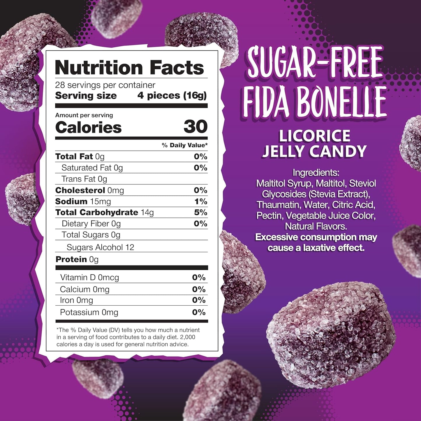 Fida Bonelle Sugar Free Candy | 1 Pound Bag | Black Licorice Jelly Candy Individually Wrapped | Naturally Flavored Dye Free Candies | Italian Gourmet Licorice