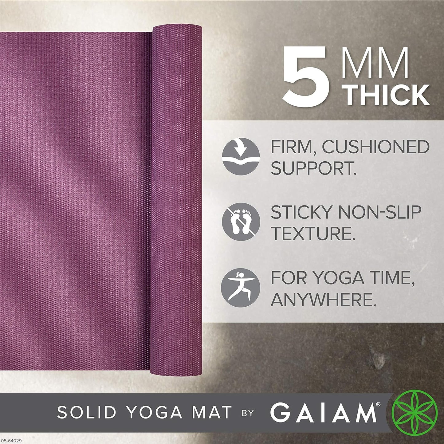 Gaiam Yoga Mat - Premium 5mm Solid Thick Non Slip Exercise & Fitness Mat for All Types of Yoga, Pilates & Floor Workouts (68" x 24" x 5mm)