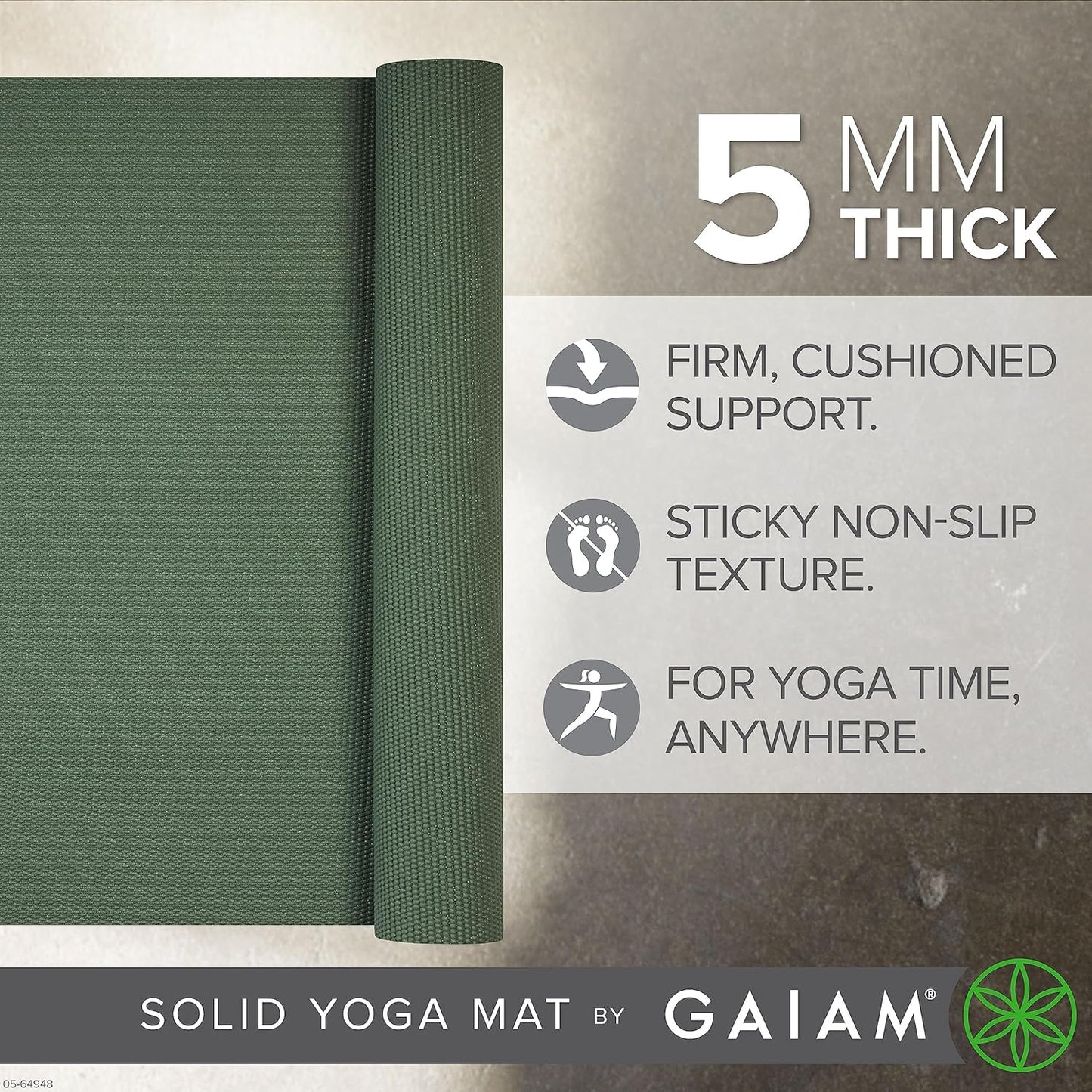 Gaiam Yoga Mat - Premium 5mm Solid Thick Non Slip Exercise & Fitness Mat for All Types of Yoga, Pilates & Floor Workouts (68" x 24" x 5mm)