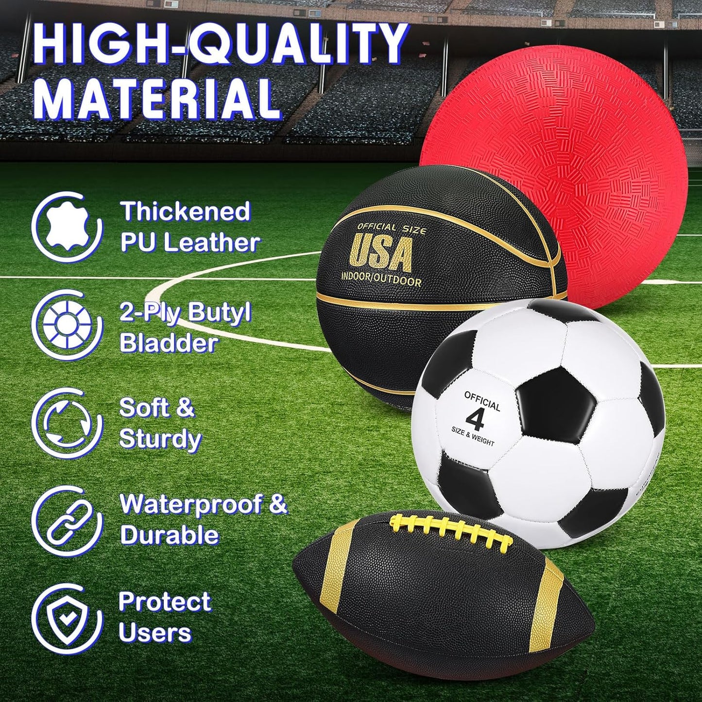 Deekin 4 Pcs Sport Balls Set for Kids Teens, Include Official Size 5 Basketball 4 Soccer 6 Football Playground Ball and Pump Sports Equipment Bag Recess Equipment Sport for Students(Classic Color)