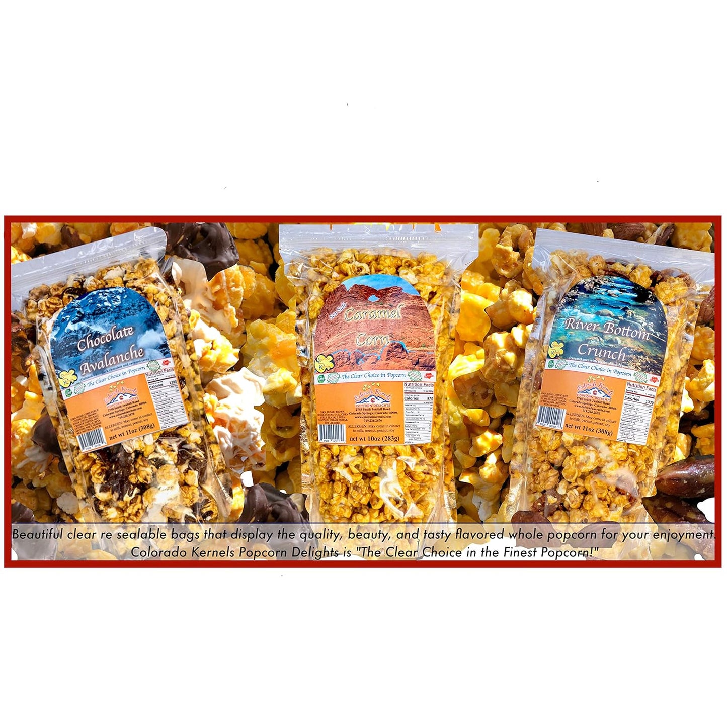 Popcorn by Colorado Kernels Popcorn Delights | 3.5 Gal CELEBRATE COLORADO MOUNTAINS Bucket | 6 lg resealable bags | Kettle Corn, Cheddar Cheese, Caramel Corn,Chocolate, Almonds/Pecans, Buffalo Ranch