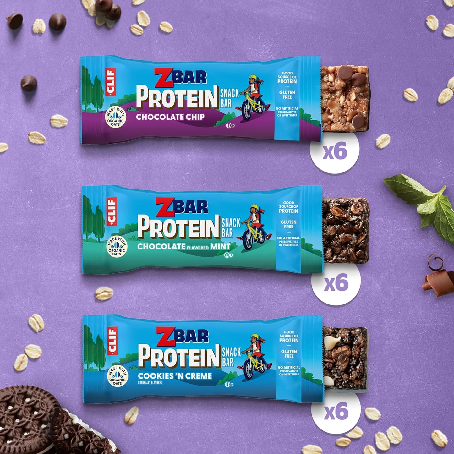 Zbar Protein - Chocolate Chip, Chocolate Mint, Cookies 'n Creme - Variety Pack - Crispy Snack Bars - Made with Organic Oats - Non-GMO - 5g Protein - Gluten Free Protein Bars, School Snacks (18 Pack)
