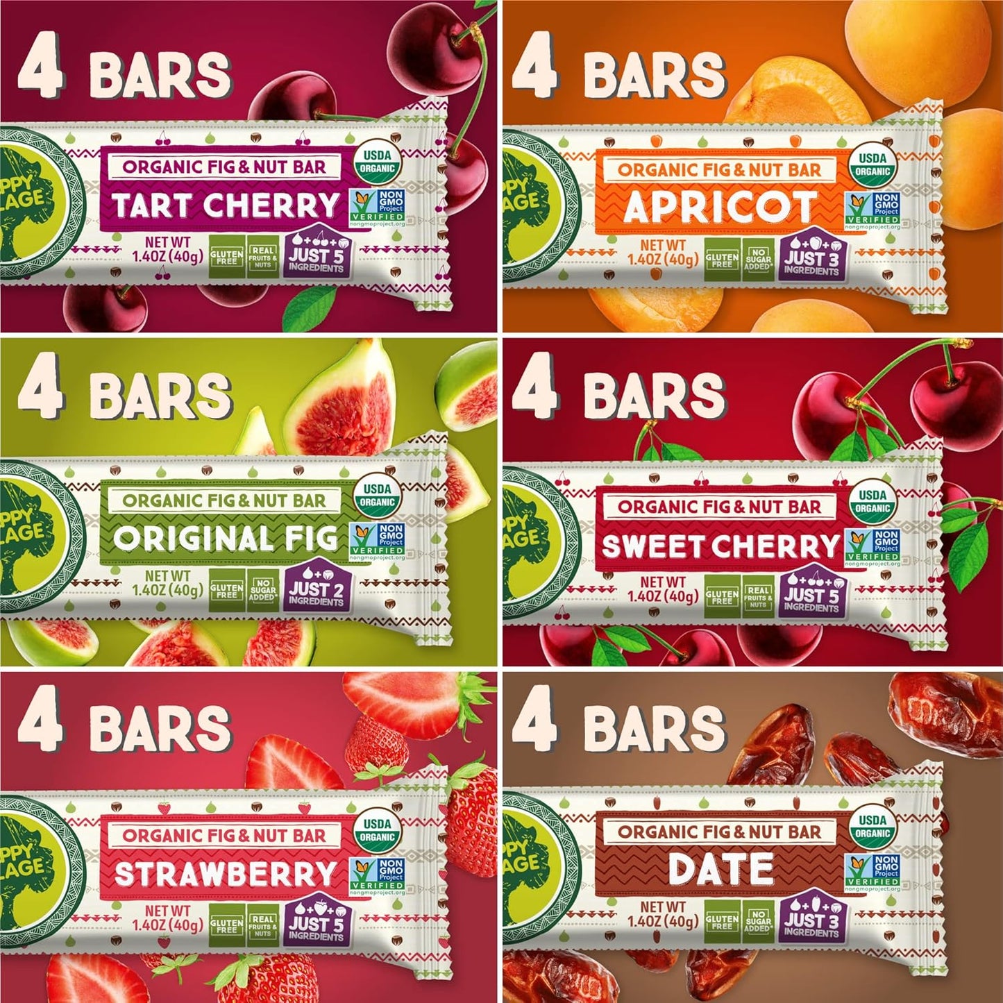 Happy Village Organic Fig & Nut Bars, VARIETY (24 Pack, 1.4 OZ each), Gluten Free, No Refined Sugar, Kosher, Non-GMO, Vegan, Good Source of Fiber, Organic Healthy Snack Bars - 4 bars of Each Flavor