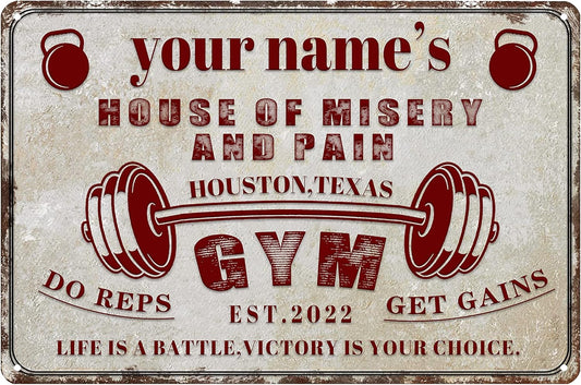 Custom Gym Sign Wall Art Decor Personalized Name Aluminum Metal Sign Retro Workout Room Fitness Center Tin Sign - house of misery and pain
