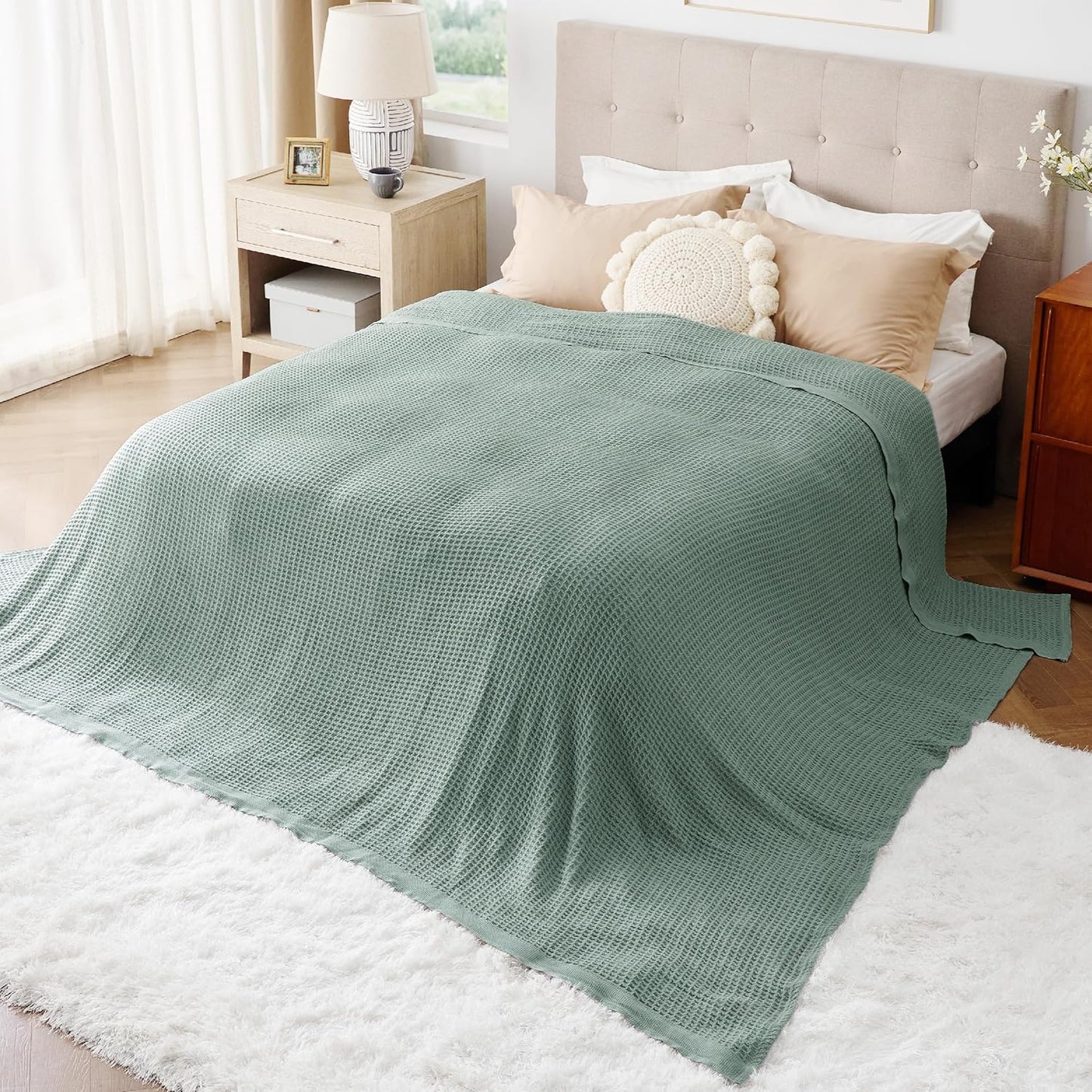 Bedsure 100% Cotton Large Blanket Oversized King for Bed - Breathable Thick Waffle Weave Blanket for Summer, Couch Cover, Sage Green, 120x94 inches