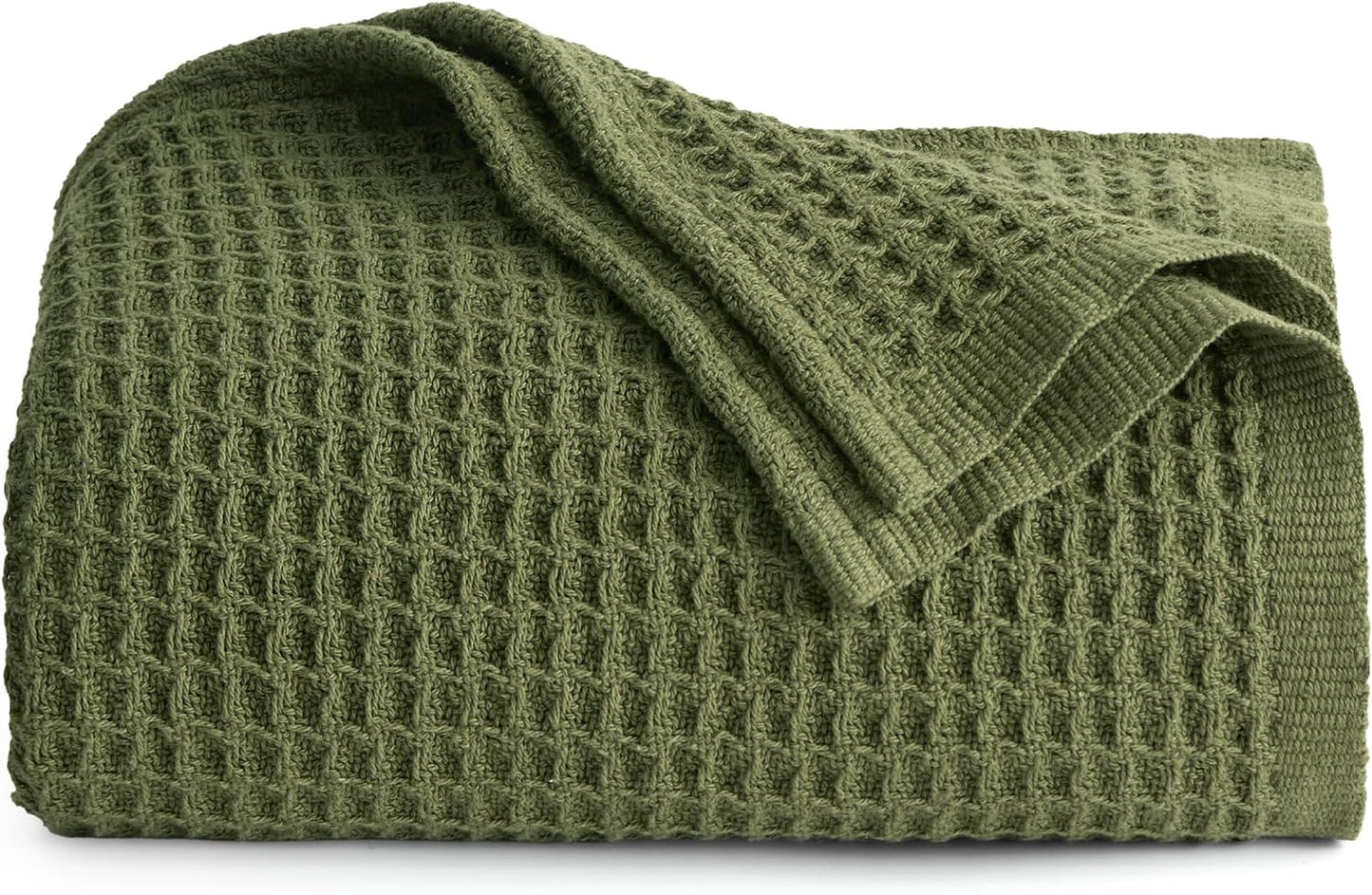 Bedsure 100% Cotton Blanket Twin XL Size for College Dorm - Breathable and Soft, Waffle Weave Twin Blanket for Summer, Dorm Room Essentials, Olive Green, 66x90 inches