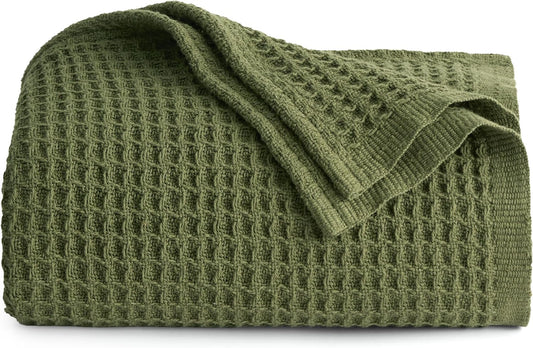 Bedsure 100% Cotton Blanket Twin XL Size for College Dorm - Breathable and Soft, Waffle Weave Twin Blanket for Summer, Dorm Room Essentials, Olive Green, 66x90 inches