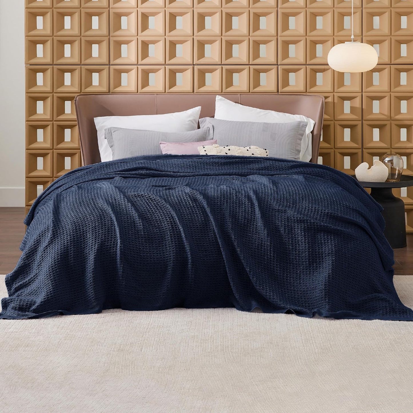 Bedsure 100% Cotton Blanket Queen Size for Bed - Breathable and Soft, Waffle Weave Blanket for Summer, Thick Cozy Fall Blankets for Women Gift, Pageant Blue, 90x90 Inches