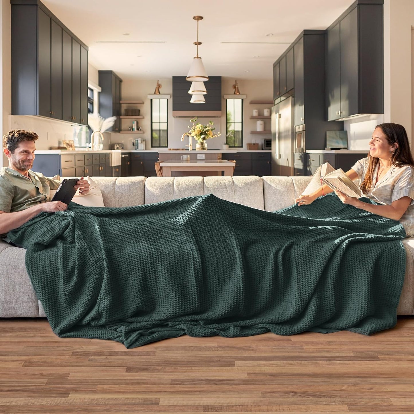 Bedsure 100% Cotton Blanket Queen Size for Bed - Breathable and Soft, Waffle Weave Blanket for Summer, Thick Cozy Fall Blankets for Women Gift, Dark Green, 90x90 Inches