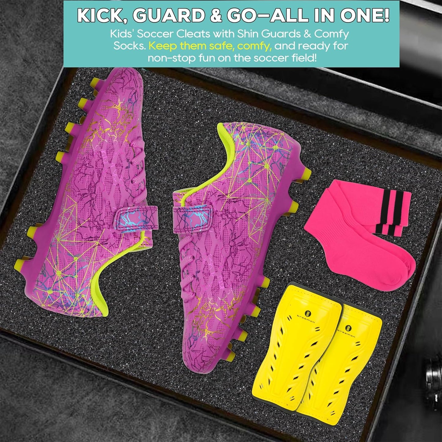 brooman Kids Firm Ground Soccer Cleats Girls Football Cleats with Shin Guards and Soccer Socks