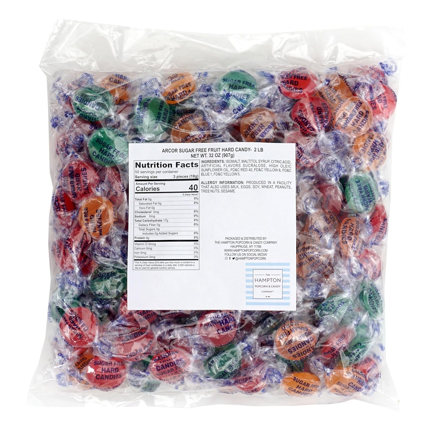 Arcor Sugar Free Fruit Hard Candy, 2 Pound Bulk Bag (Approx 140 Pieces), Individually Wrapped Hard Candy, The Hampton Popcorn & Candy Company