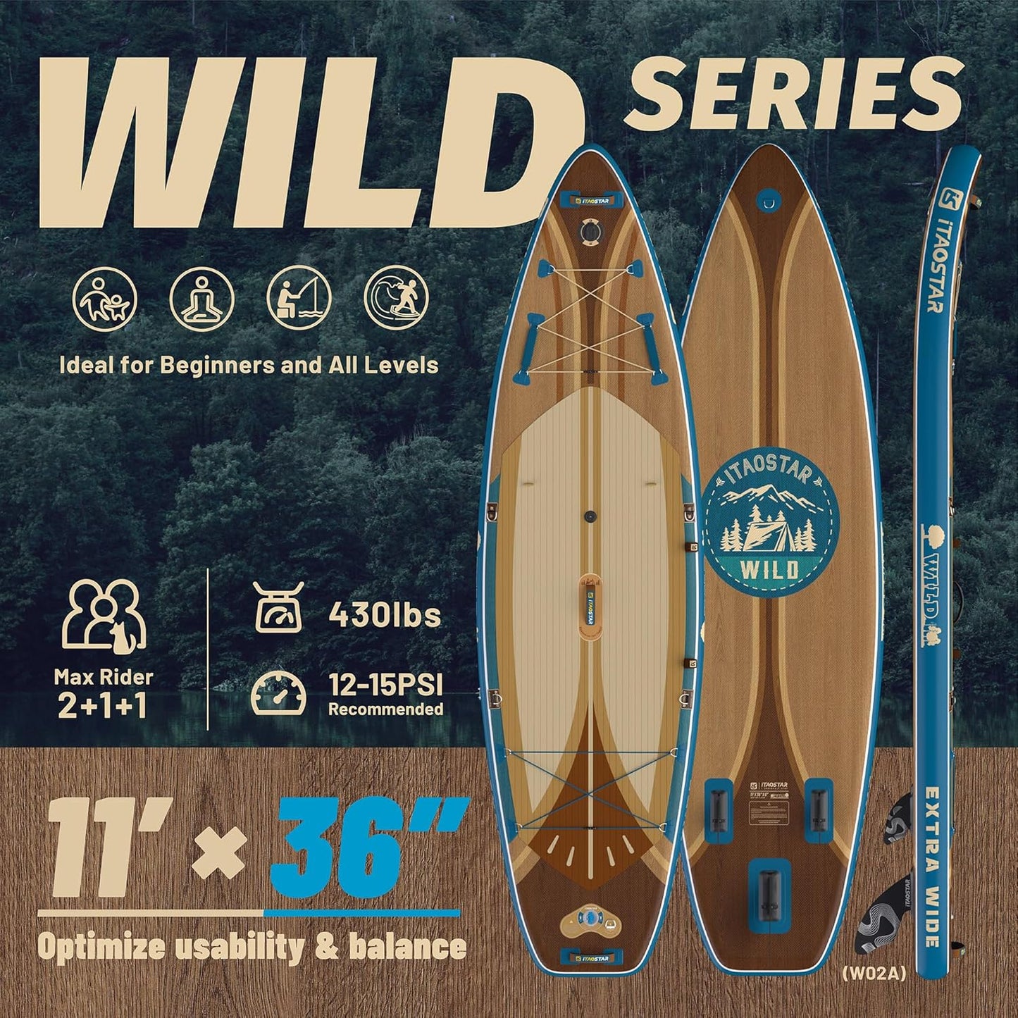 Wild 11'×36"/11'6"×34"/12'6"×33" Inflatable Paddle Board with Seat, One-Stop Premium SUP Board Gears, Tailored 5 Fins, Stable Inflatable Stand Up Paddle Boards for Youth/Adults of All Levels