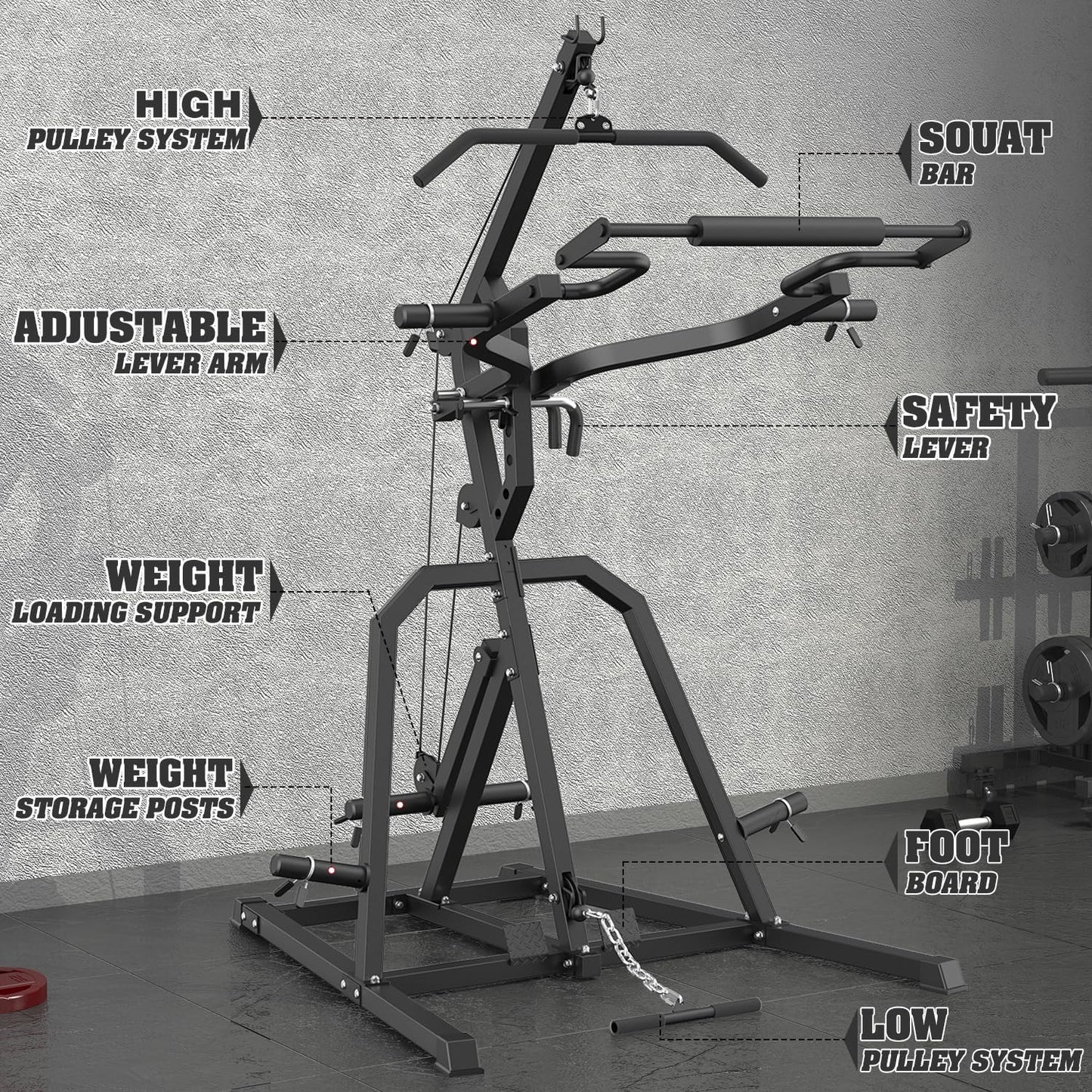 DONOW Leverage Gym Power Rack Squat Rack Lever Gym with LAT Low Row System Home Gym System Workout Station 2:1 Ratio (Without Weight Plates)