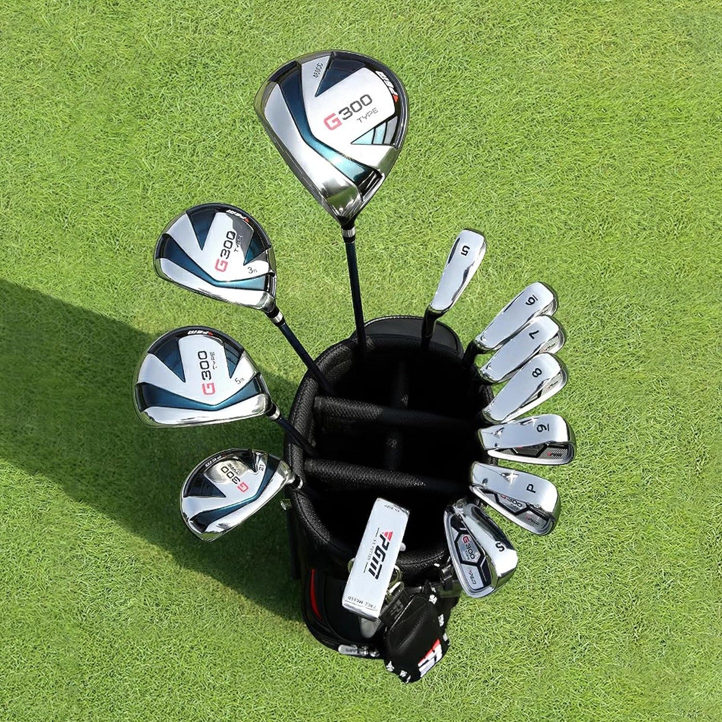 PGM Men's G Type Complete Golf Club Set - Titanium #1 Driver, Draw-Biased Hybrid, High-Strength Iron Set, High Forgiveness Putter, with Stand Bag