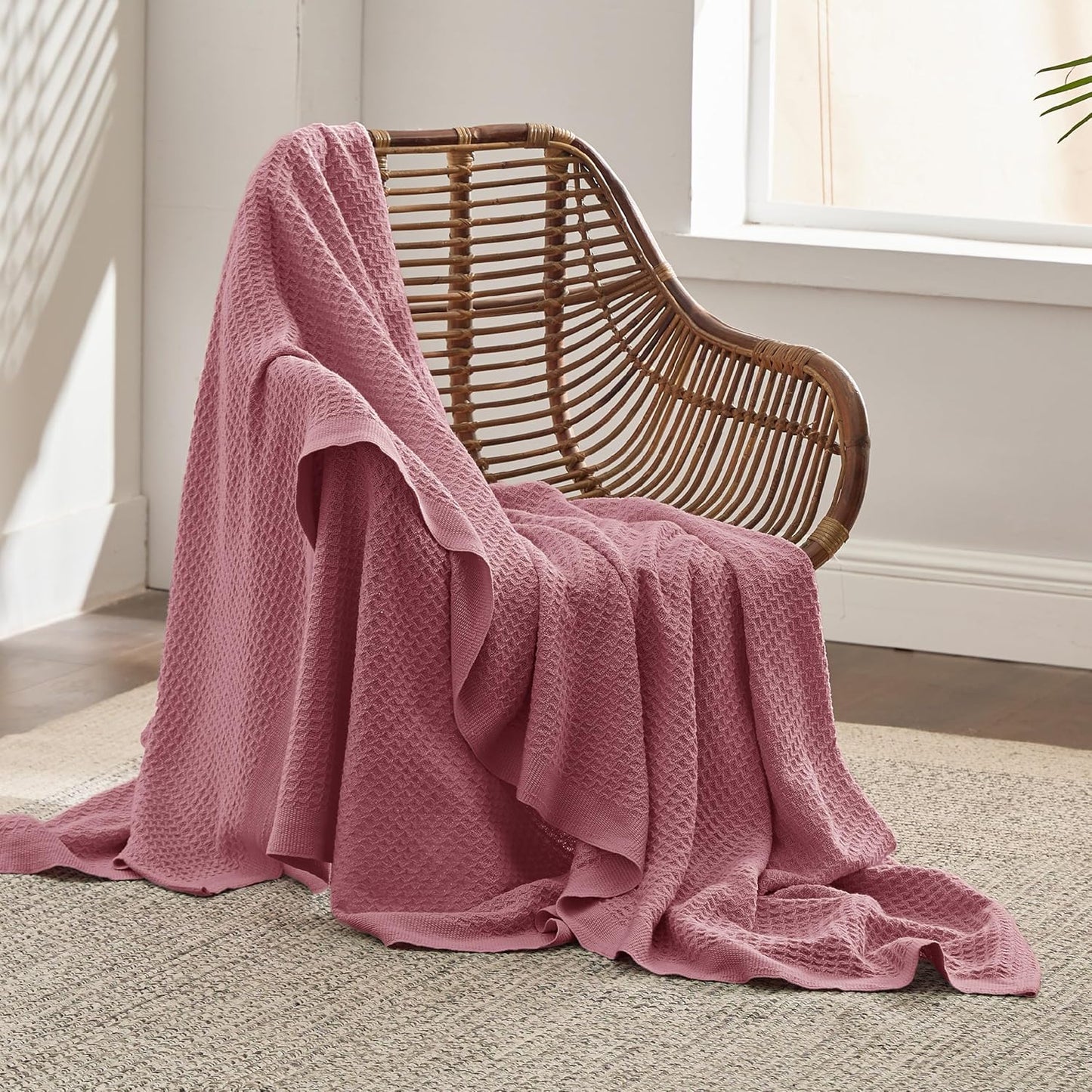 Bedsure 100% Cotton Blanket Twin XL Size for College Dorm - Breathable and Soft, Waffle Weave Twin Blanket for Summer, Dorm Room Essentials, Dusty Rose, 66x90 inches