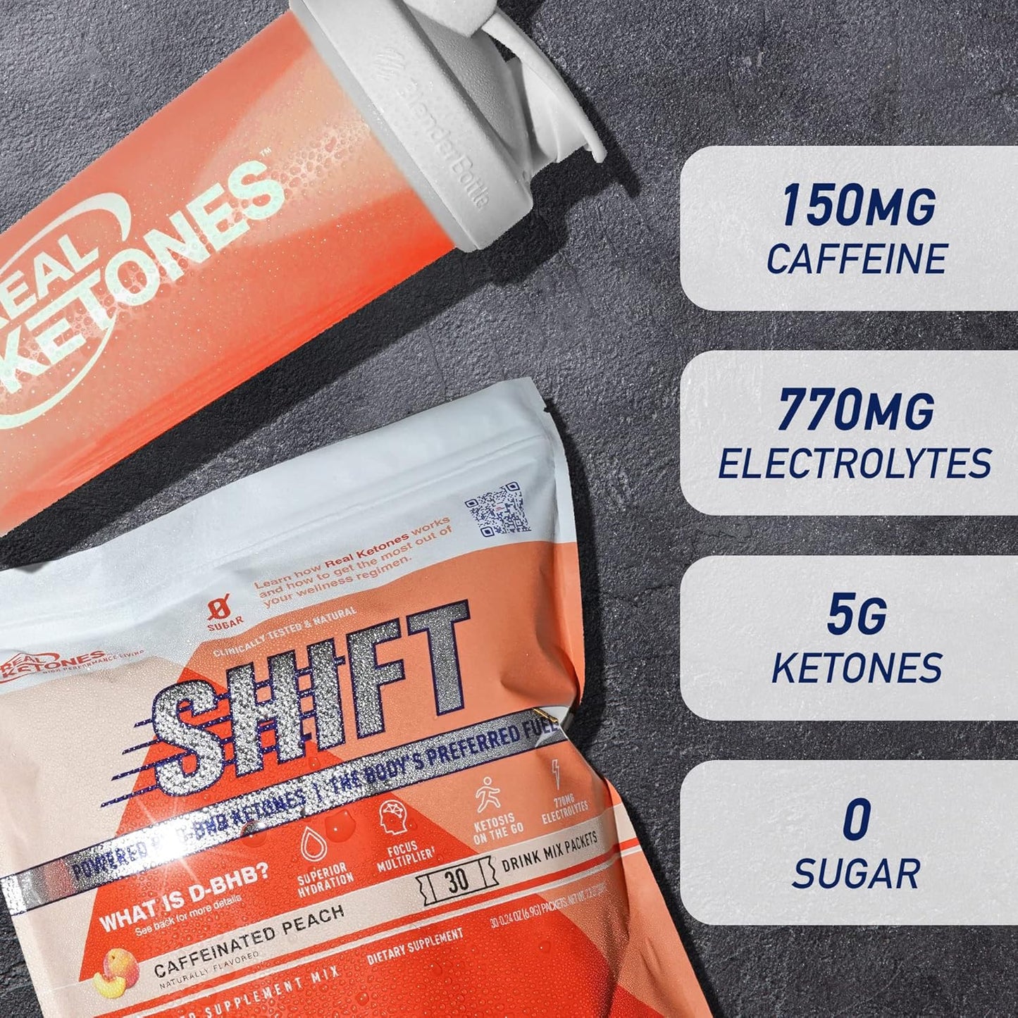 Real Ketones BHB Exogenous Ketones Drink Mix Packets Keto Electrolytes Powder Packets No Sugar with 4 Main Fasting Electrolytes Plus Hydrating Patented Keto BHB - 30 Count Peach Caffeine