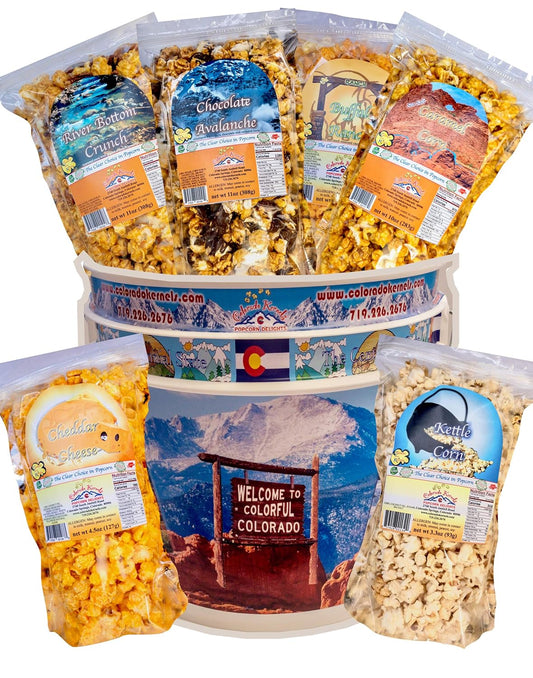 Popcorn by Colorado Kernels Popcorn Delights | 3.5 Gal CELEBRATE COLORADO MOUNTAINS Bucket | 6 lg resealable bags | Kettle Corn, Cheddar Cheese, Caramel Corn,Chocolate, Almonds/Pecans, Buffalo Ranch