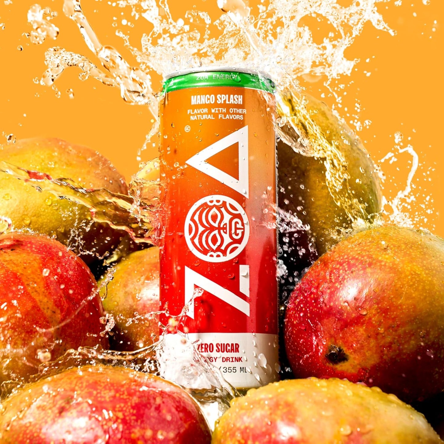 ZOA Zero Sugar Energy Drinks, Mango Splash - Sugar Free with Electrolytes, Healthy Vitamin C, Amino Acids, Essential B-Vitamins, and Caffeine from Green Tea - 12 Fl Oz (Pack of 12)