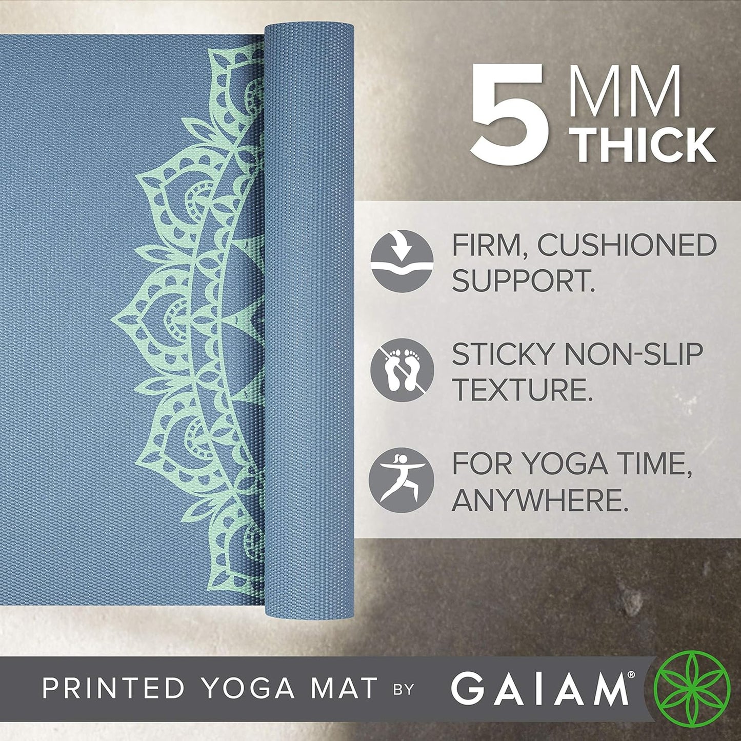 Gaiam Yoga Mat - Premium 5mm Print Thick Non Slip Exercise & Fitness Mat for All Types of Yoga, Pilates & Floor Workouts (68" x 24" x 5mm)